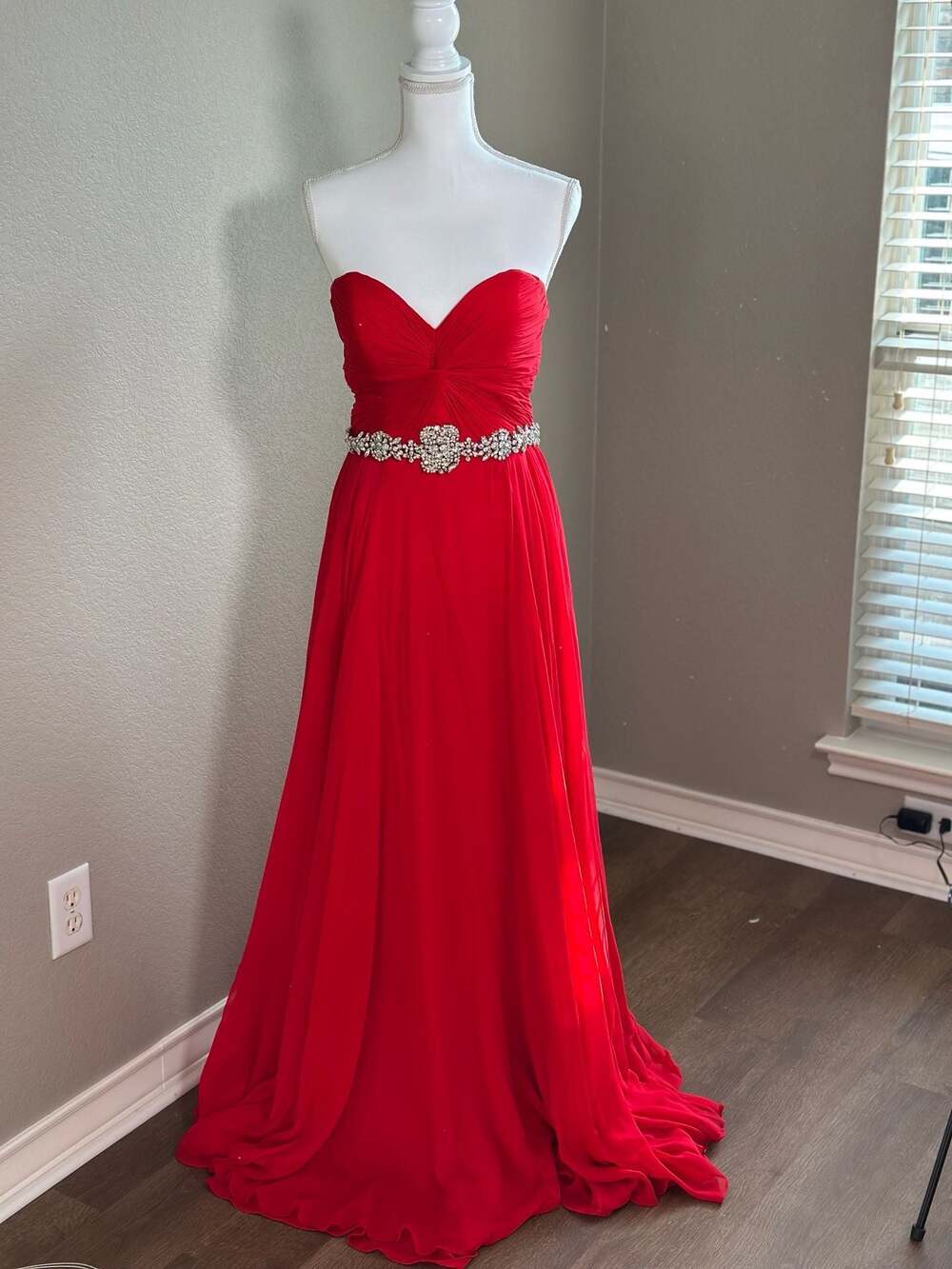 Jovani Red Strapless Sweetheart Chiffon Gown with Crystal Embellished Waist